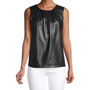 Calvin Klein Faux Leather Women’s Style Pleated Blouse Tank Top Black Size M